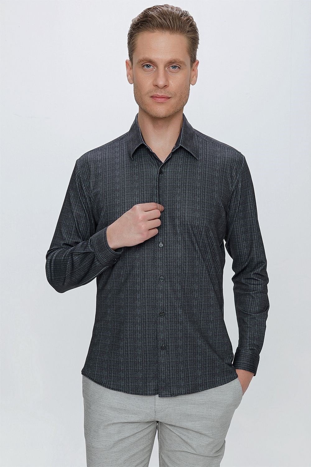 Slim Fit Doku Desenli Esnek Pamuk Siyah Gömlek G 1525