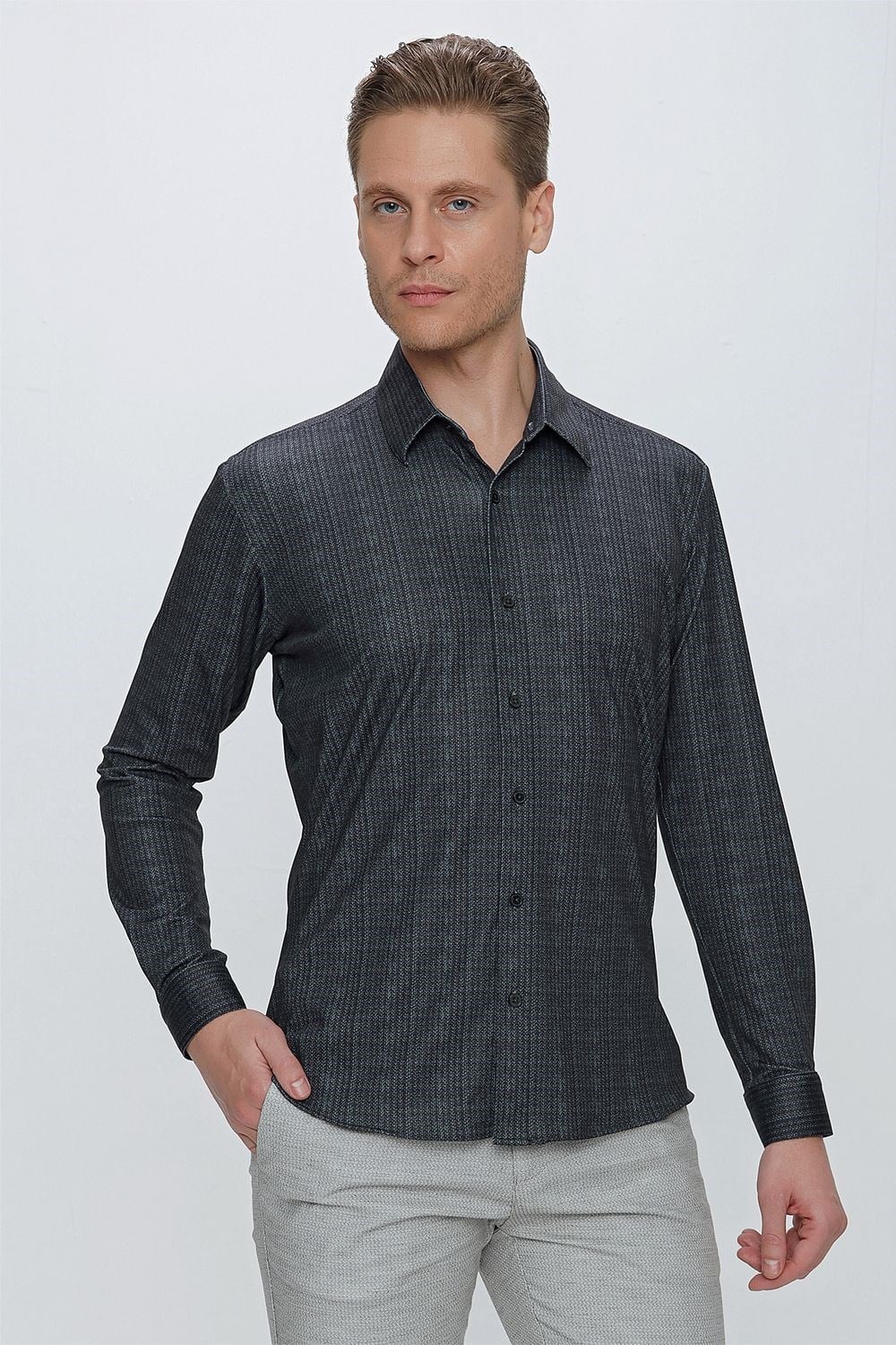 Slim Fit Doku Desenli Esnek Pamuk Siyah Gömlek G 1525