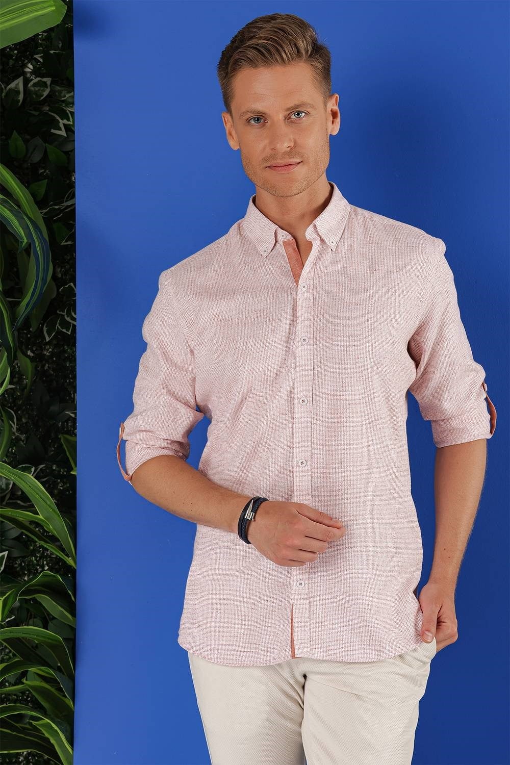 Slim Fit Doku Desenli Yaka Düğmeli %100 Keten Mercan Gömlek G 1555