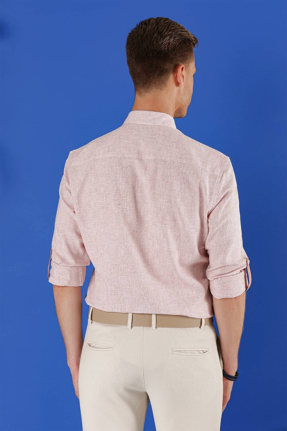 Slim Fit Doku Desenli Yaka Düğmeli %100 Keten Mercan Gömlek G 1555