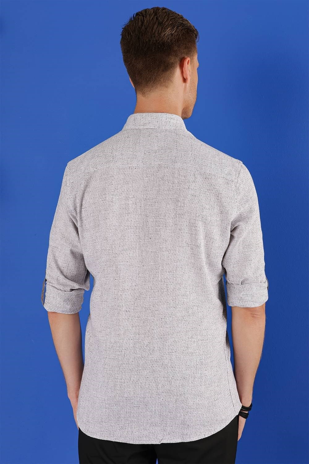 Slim Fit Doku Desenli Yaka Düğmeli %100 Keten Vizon Gömlek G 1555