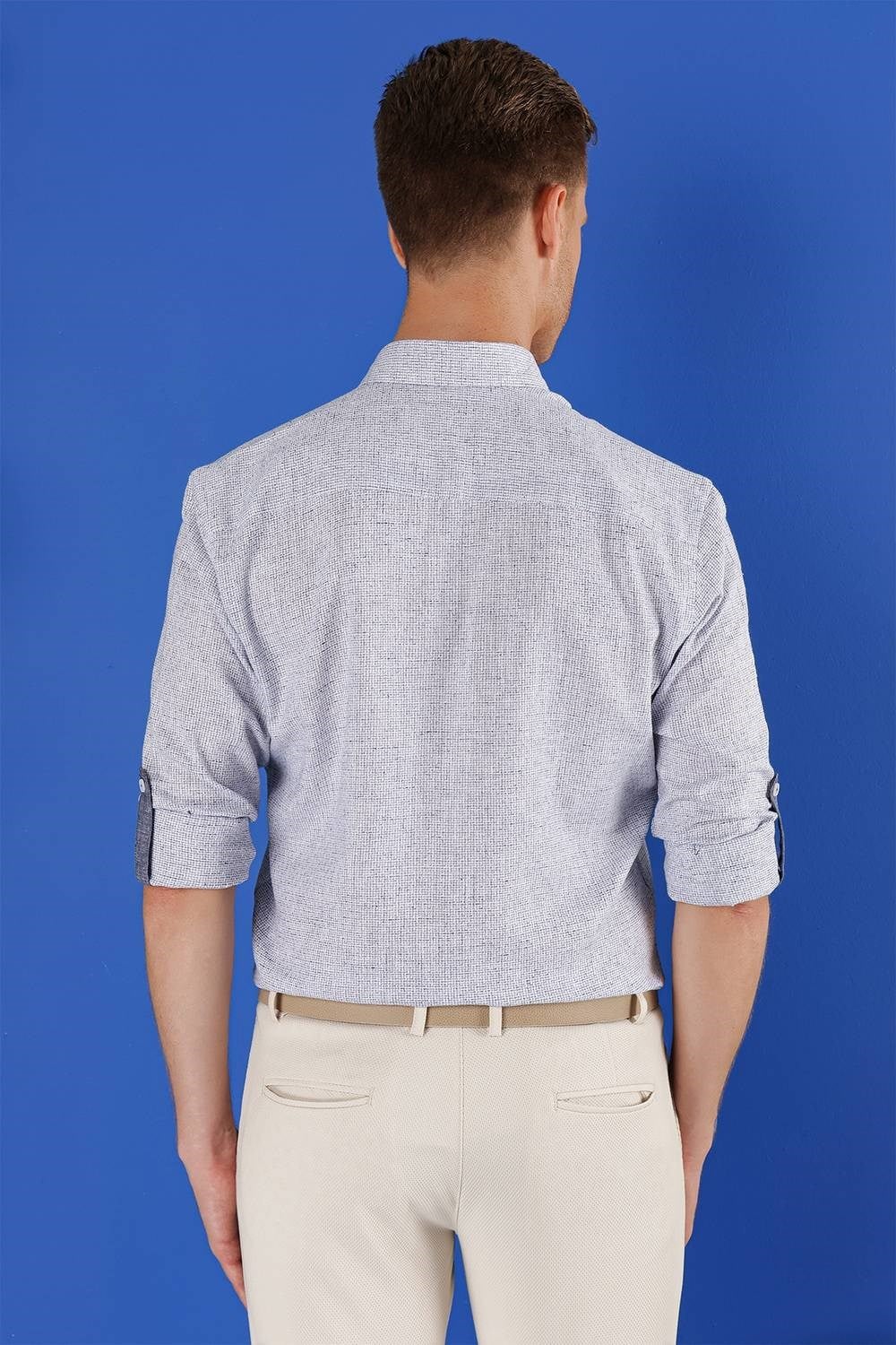 Slim Fit Doku Desenli Yaka Düğmeli %100 Keten Koyu Mavi Gömlek G 1555
