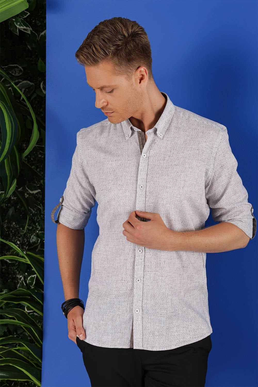 Slim Fit Doku Desenli Yaka Düğmeli %100 Keten Vizon Gömlek G 1555