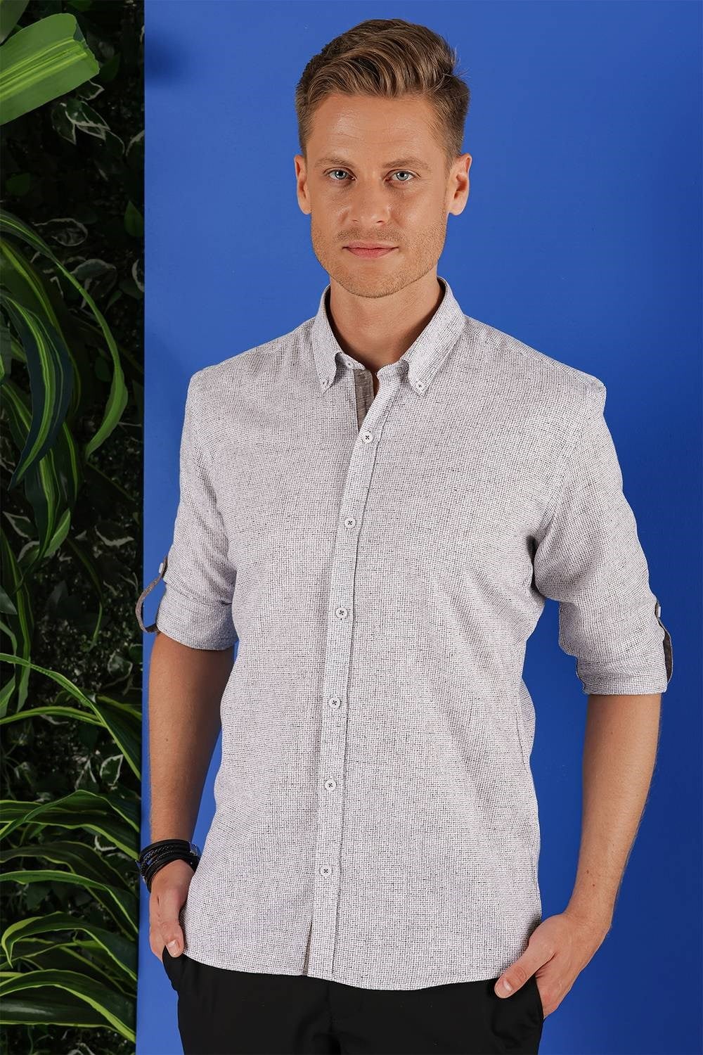 Slim Fit Doku Desenli Yaka Düğmeli %100 Keten Vizon Gömlek G 1555