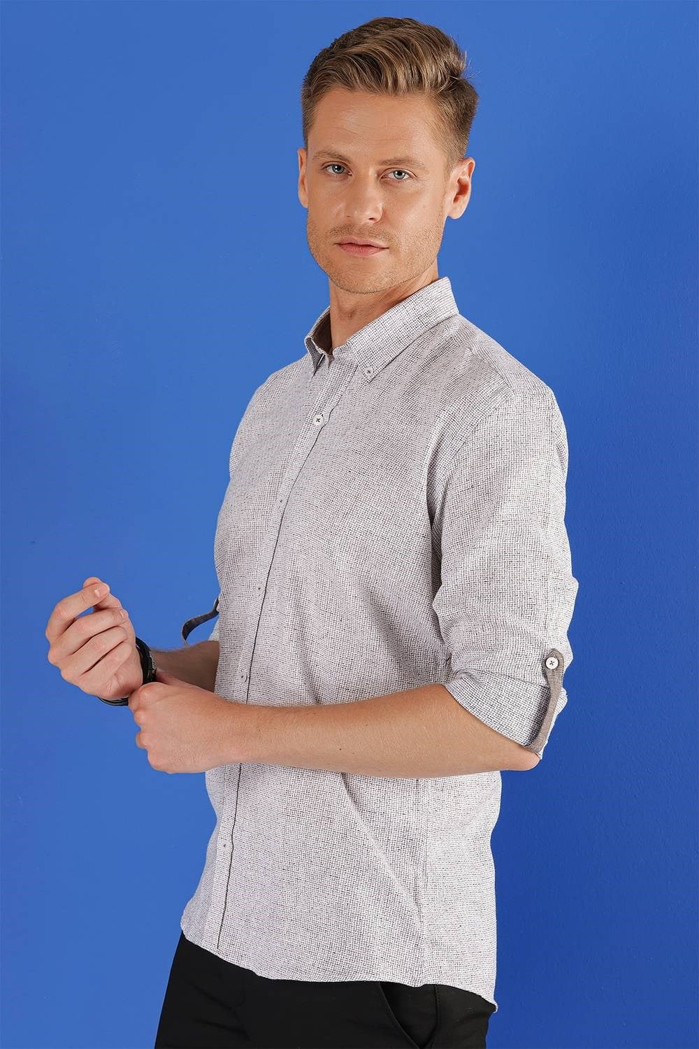 Slim Fit Doku Desenli Yaka Düğmeli %100 Keten Vizon Gömlek G 1555