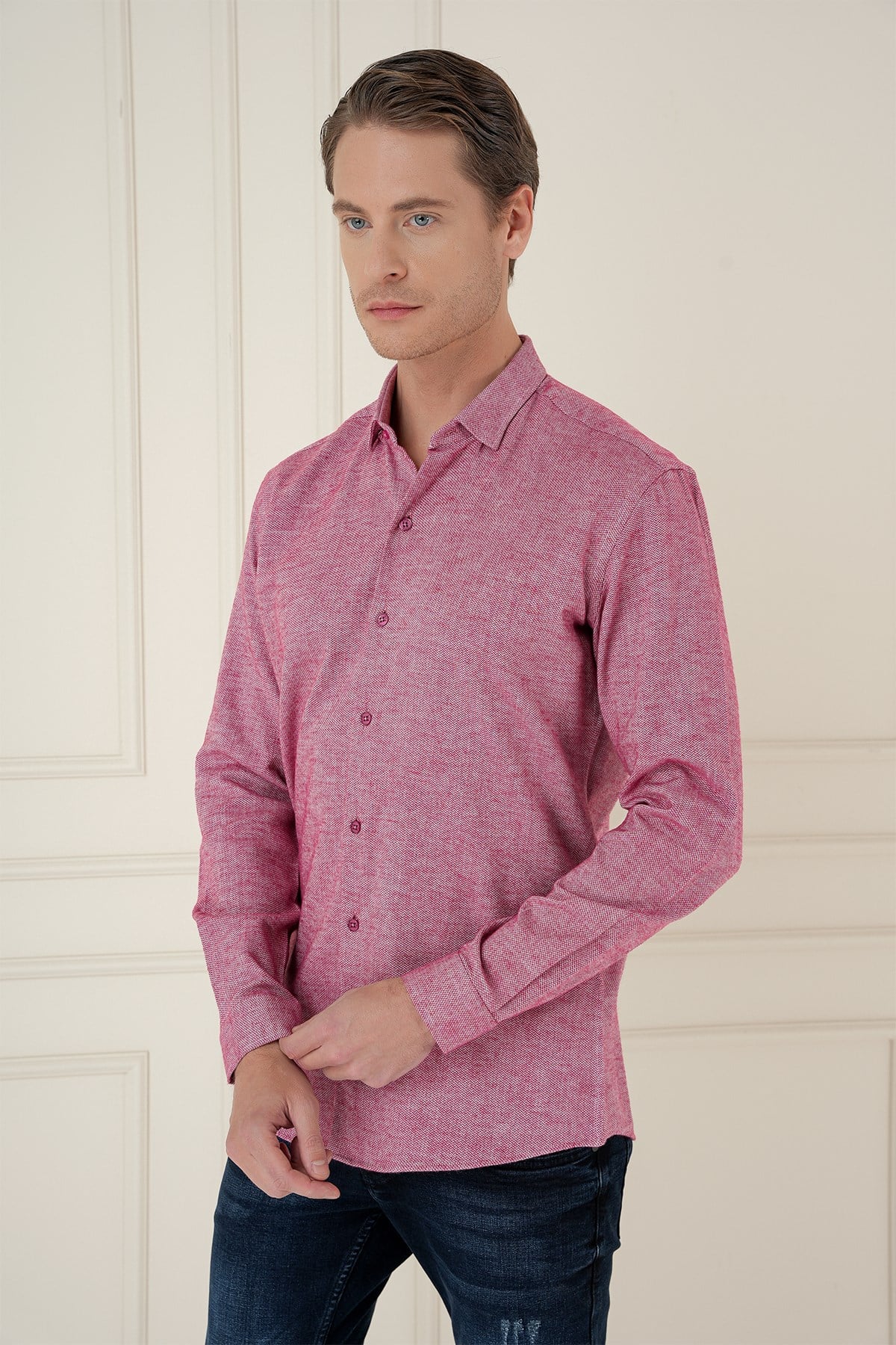 Slim Fit Dokulu %100 Pamuk Bordo Gömlek G 1584