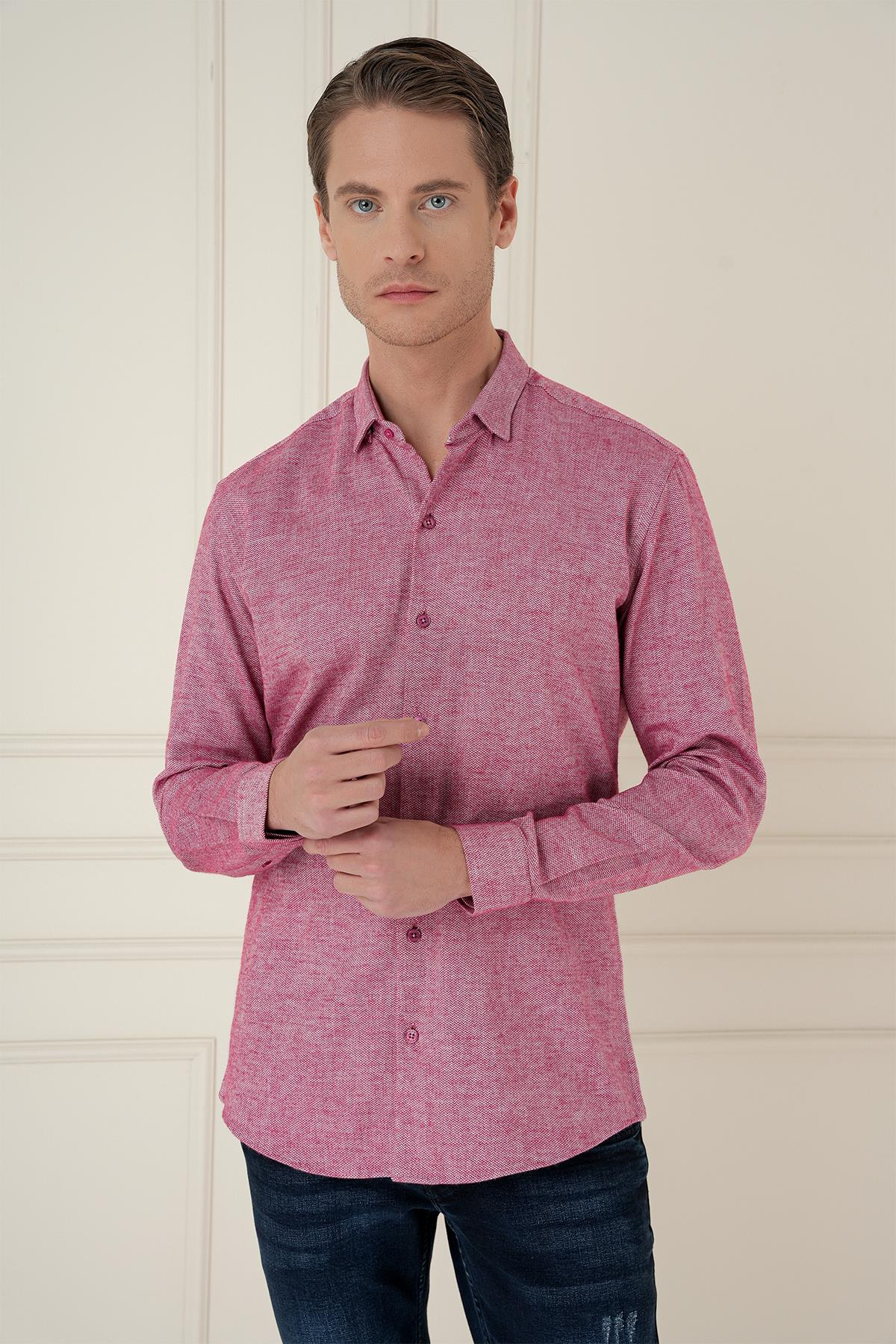 Slim Fit Dokulu %100 Pamuk Bordo Gömlek G 1584
