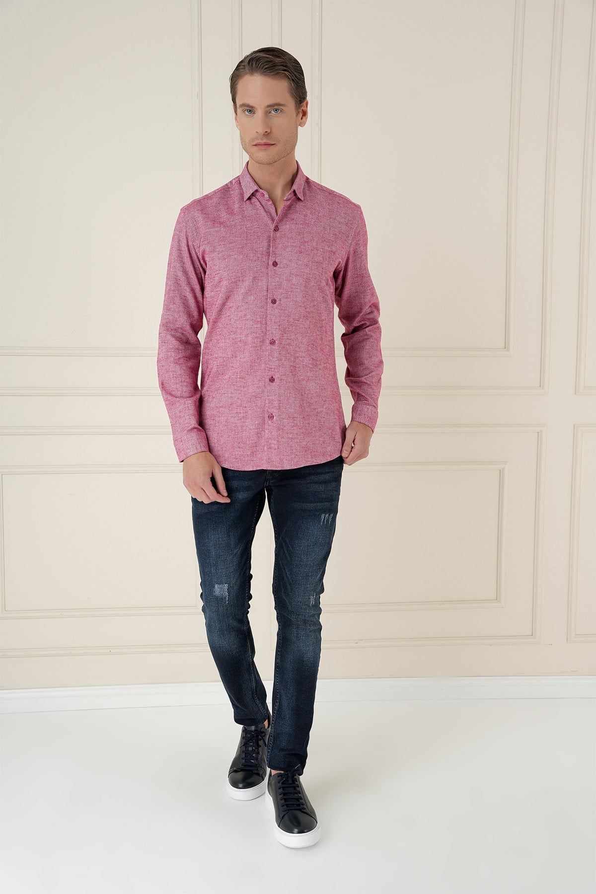 Slim Fit Dokulu %100 Pamuk Bordo Gömlek G 1584