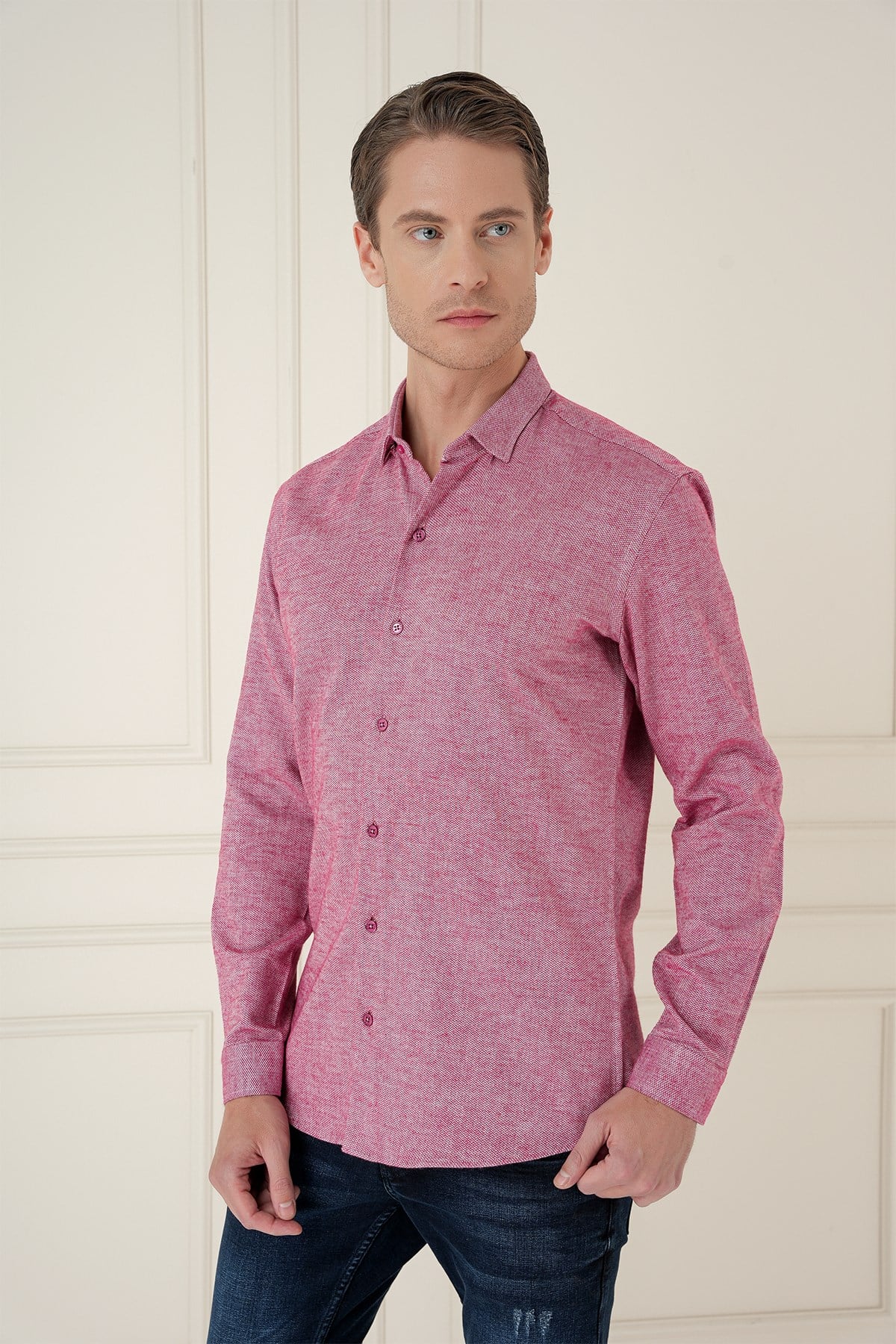 Slim Fit Dokulu %100 Pamuk Bordo Gömlek G 1584