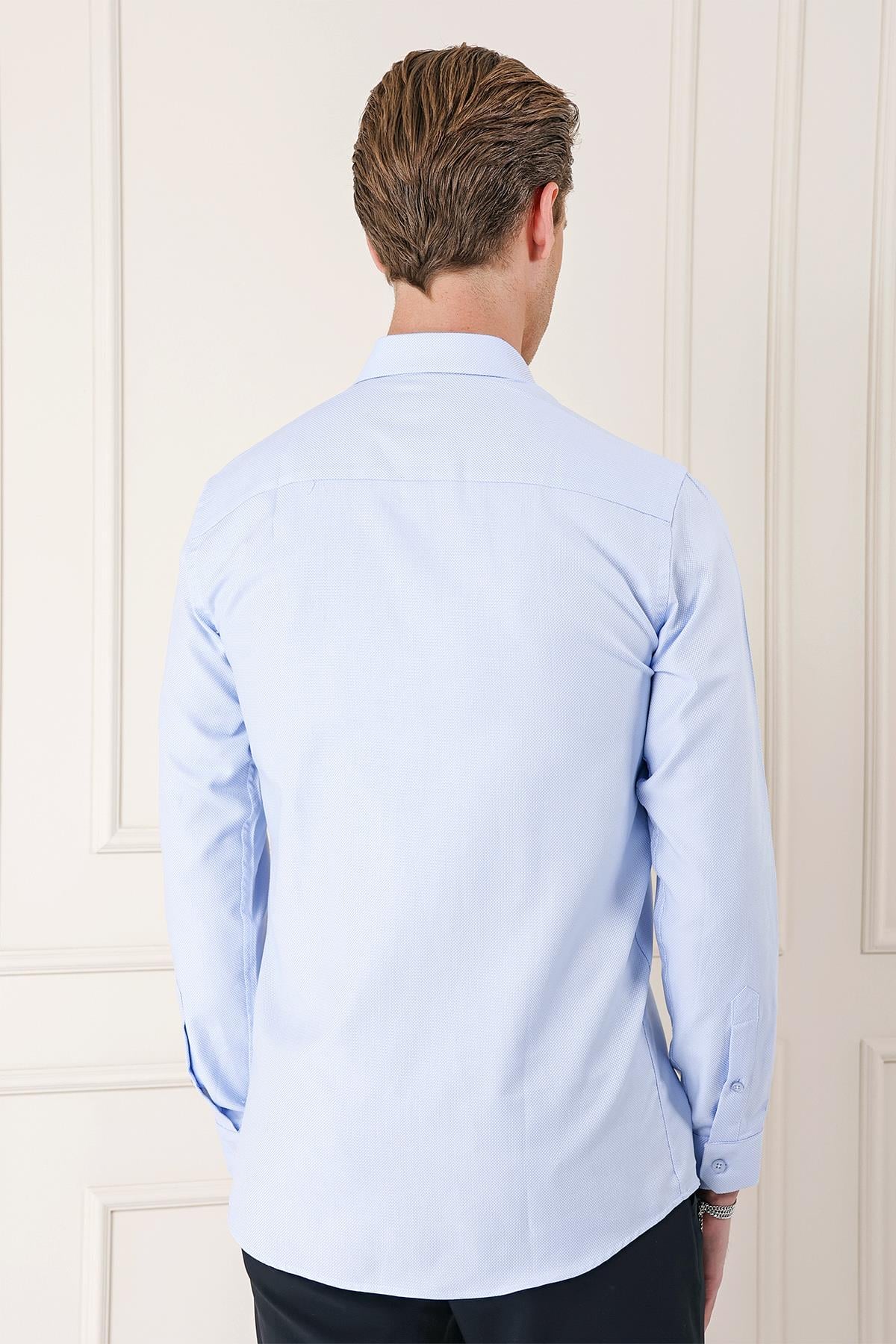 Slim Fit Dokulu %100 Pamuk Klasik Mavi Gömlek Gk 725