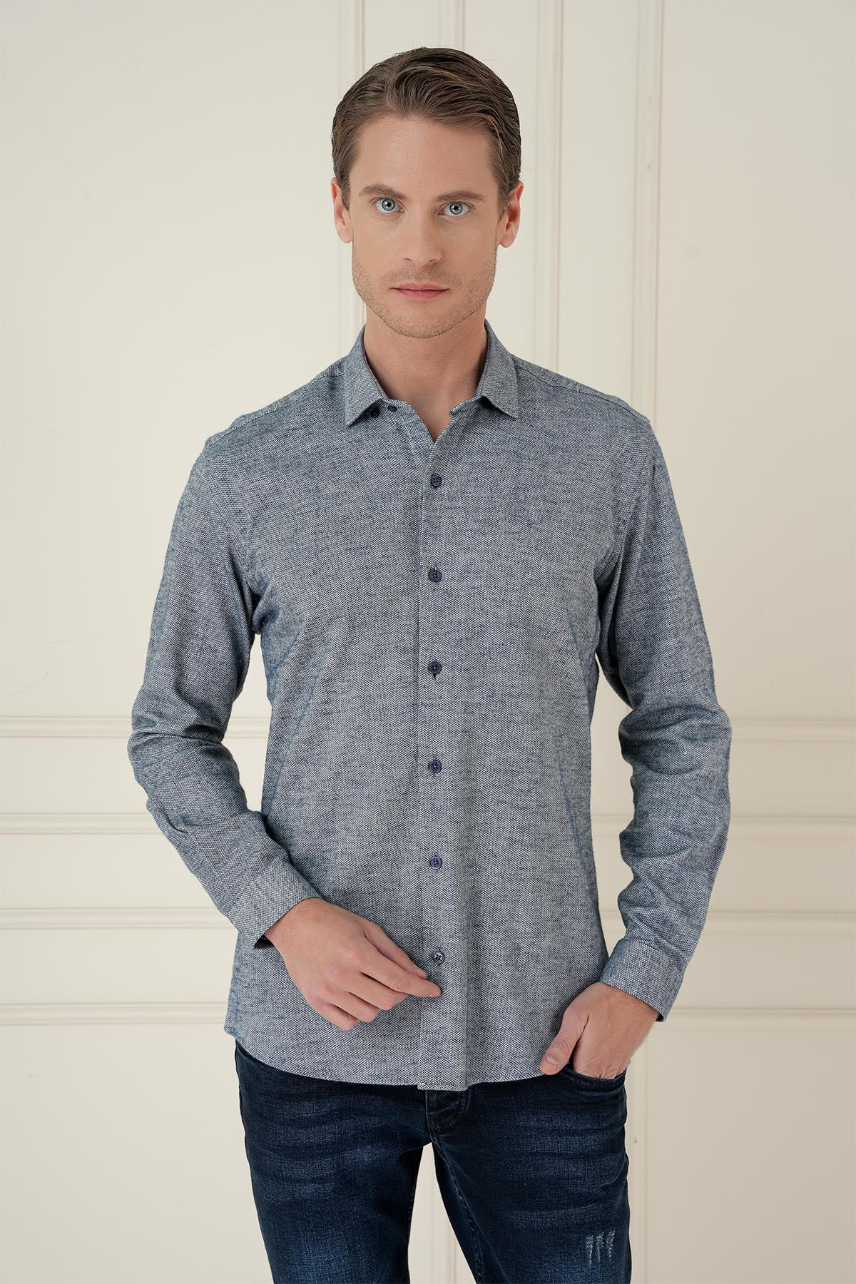 Slim Fit Dokulu %100 Pamuk Lacivert Gömlek G 1584