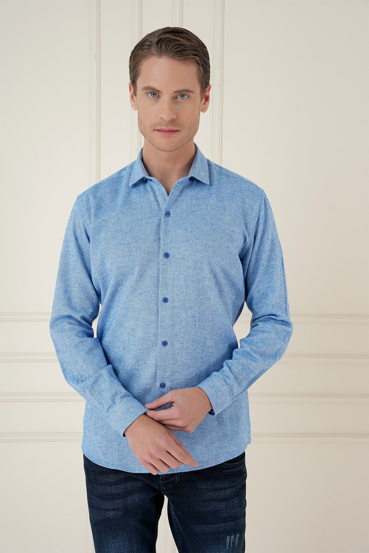 Slim Fit Dokulu %100 Pamuk Mavi Gömlek G 1584