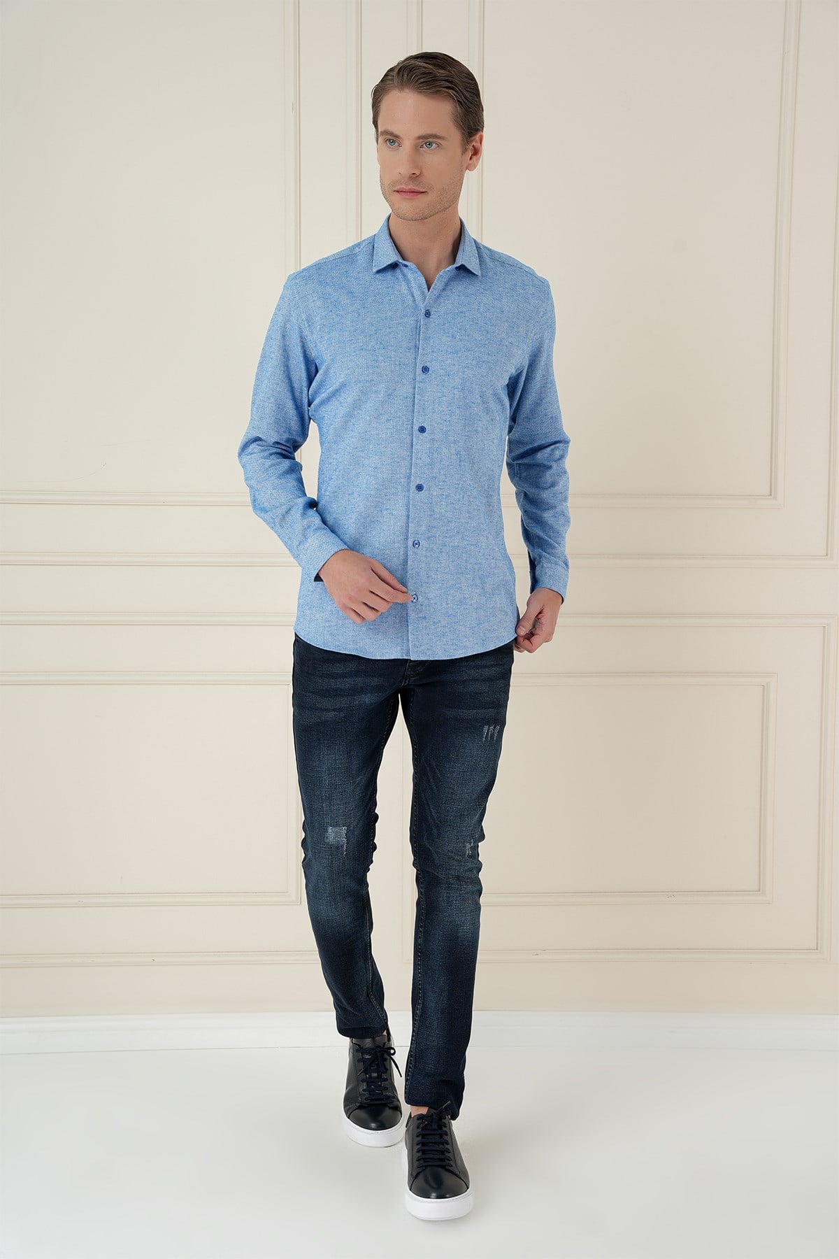 Slim Fit Dokulu %100 Pamuk Mavi Gömlek G 1584