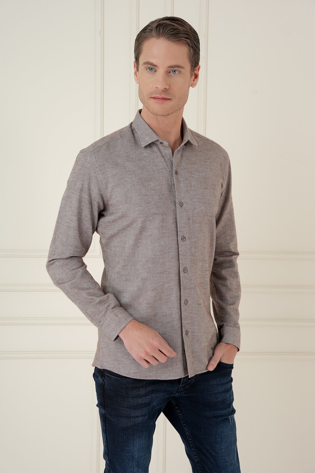 Slim Fit Dokulu %100 Pamuk Toprak Gömlek G 1584