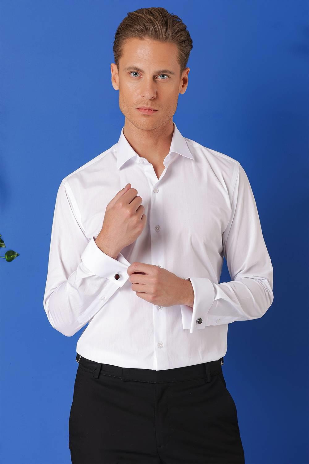 Slim Fit Duble Manşet %100 Pamuk Klasik Beyaz Gömlek Gk 682