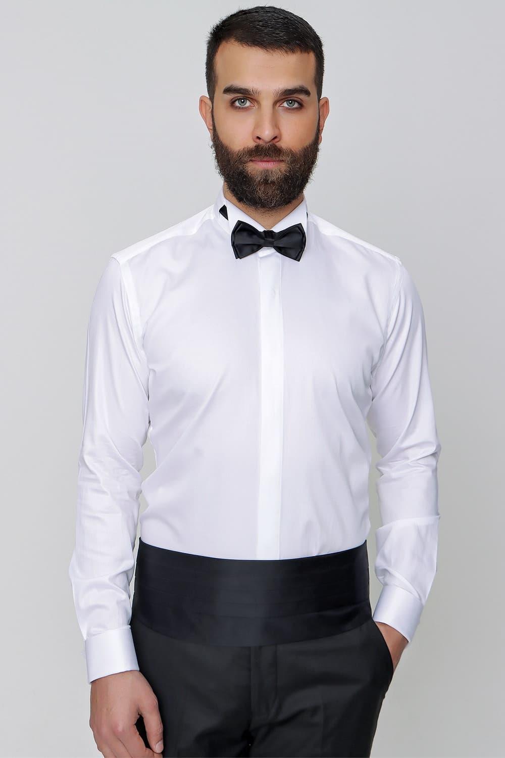 Slim Fit Duble Manşet Ata Yaka Ekru Damatlık Smokin Gömlek Gk 148