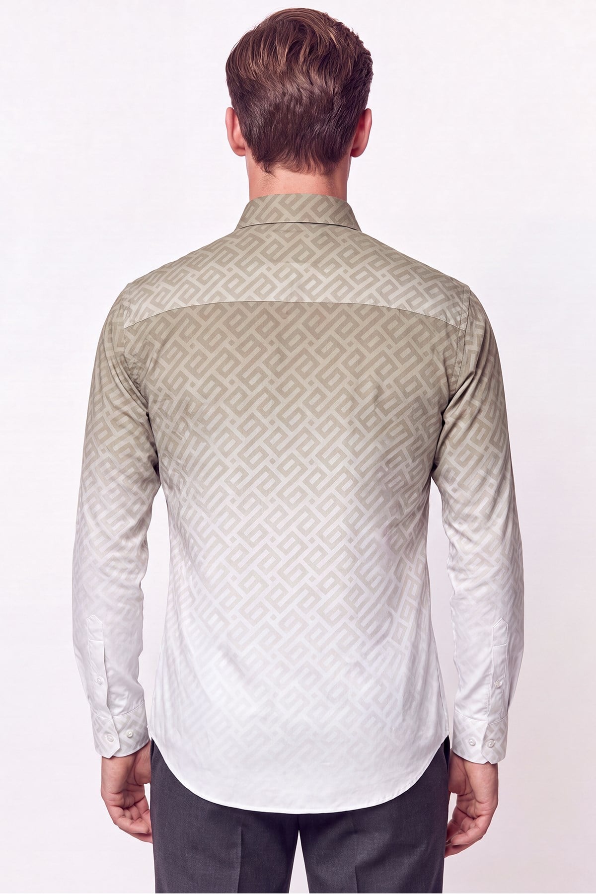 Slim Fit Düğme Yaka Desenli Haki Gömlek G 1611 