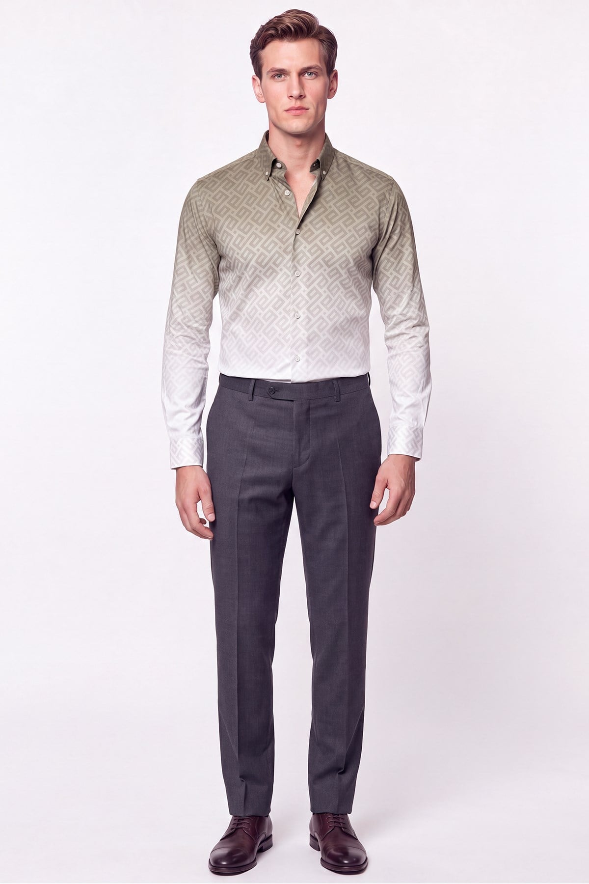 Slim Fit Düğme Yaka Desenli Haki Gömlek G 1611 