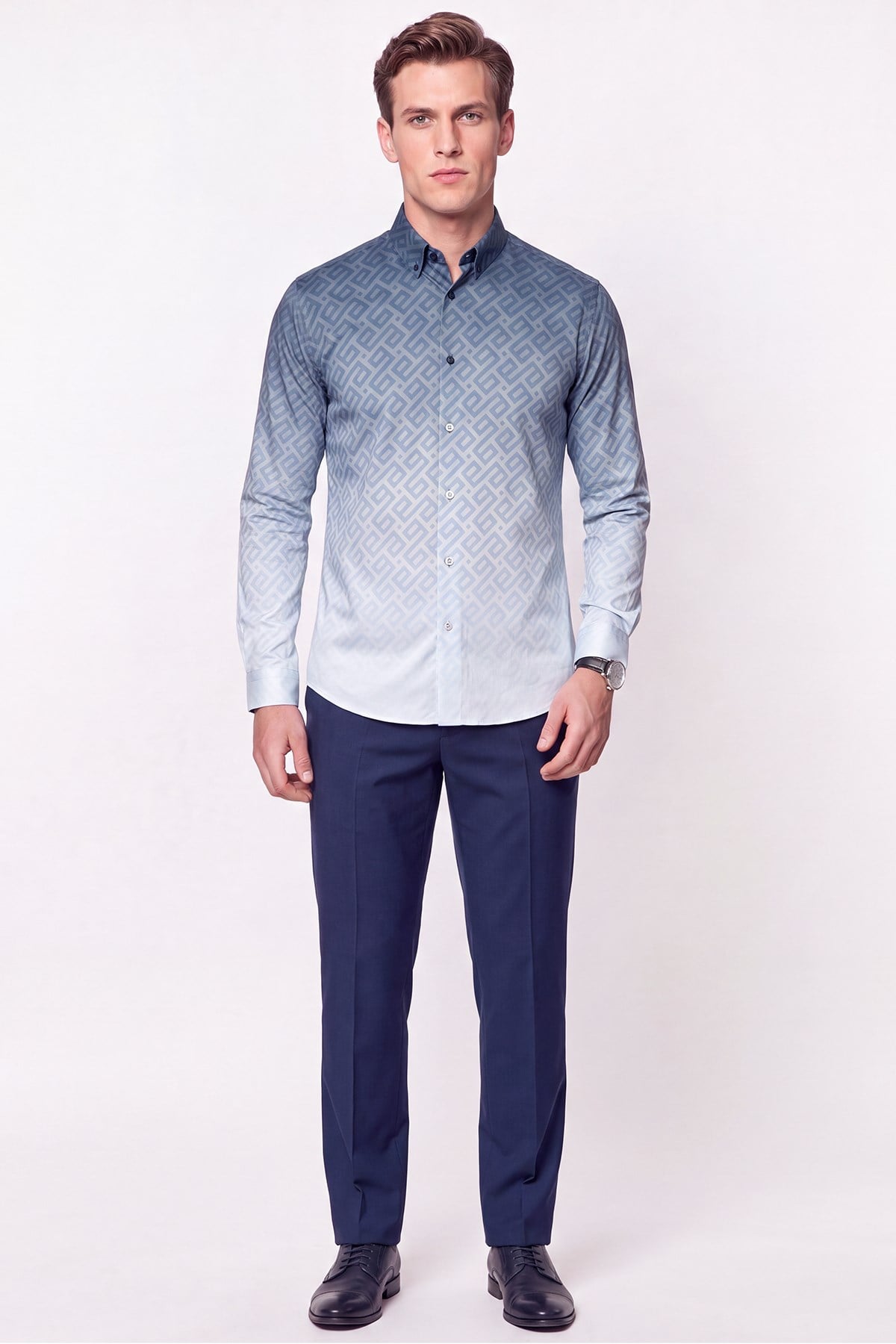 Slim Fit Düğme Yaka Desenli Mavi Gömlek G 1611 