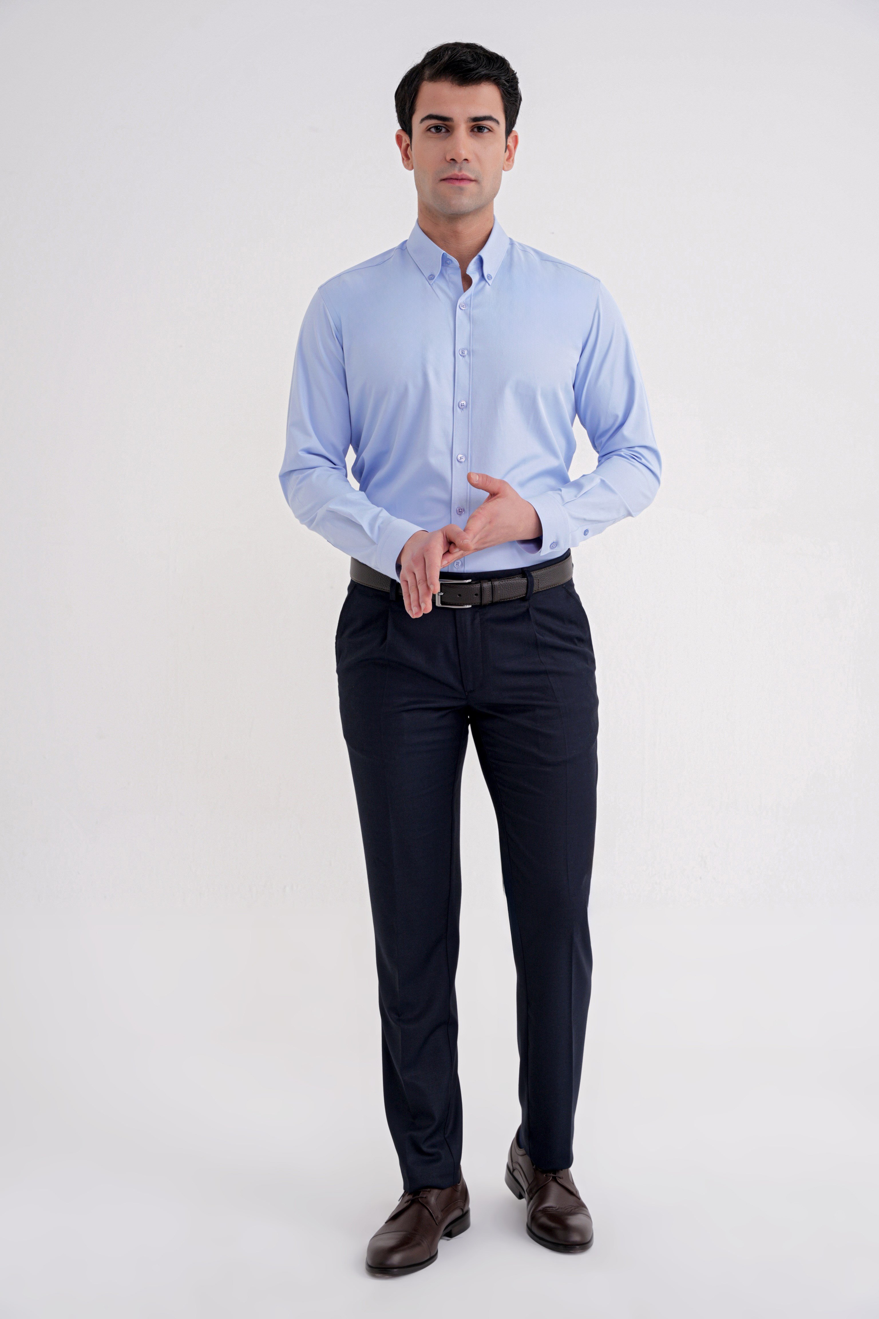 Slim Fit Düğme Yakalı Esnek Pamuk Mavi Gömlek GK 754