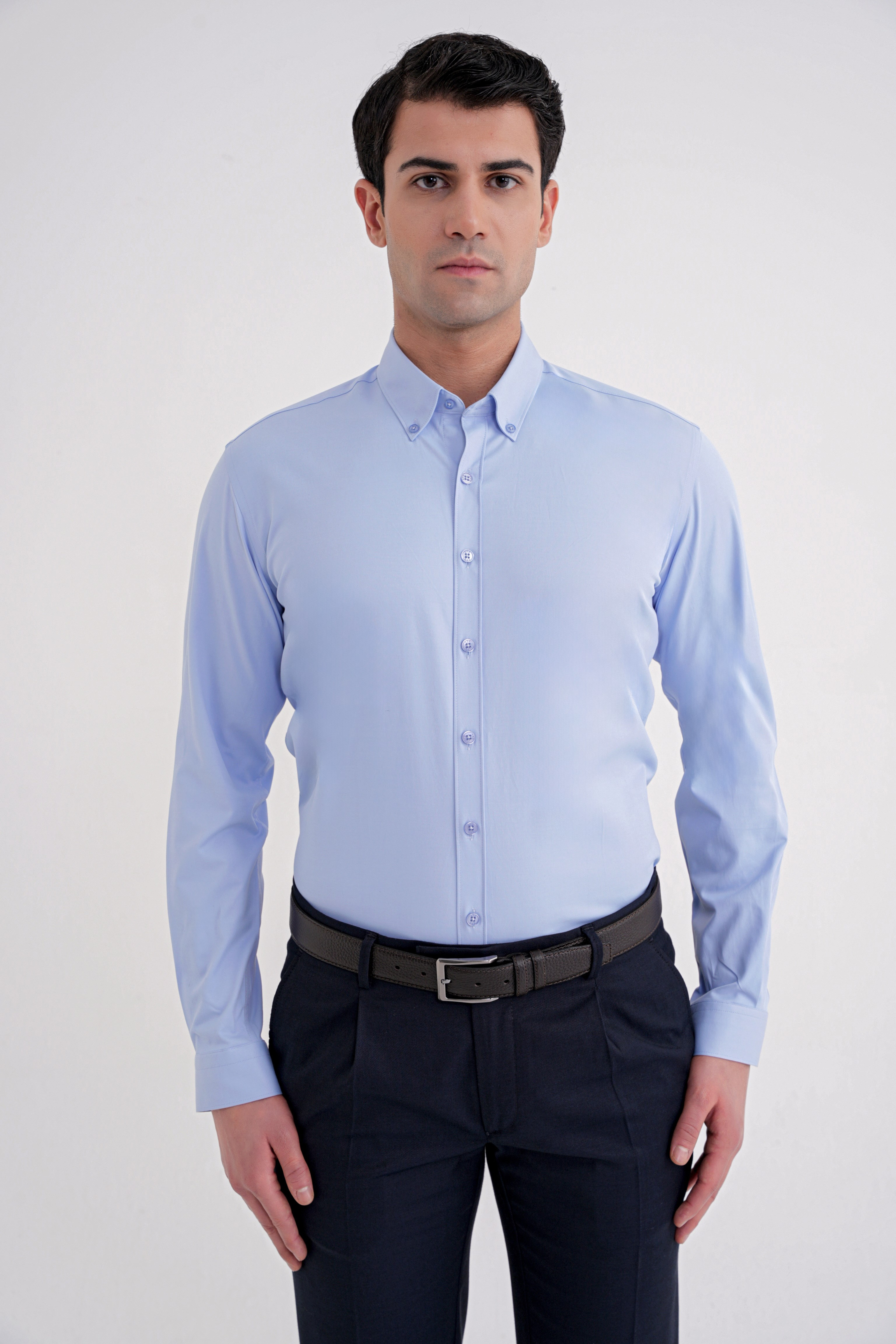 Slim Fit Düğme Yakalı Esnek Pamuk Mavi Gömlek GK 754