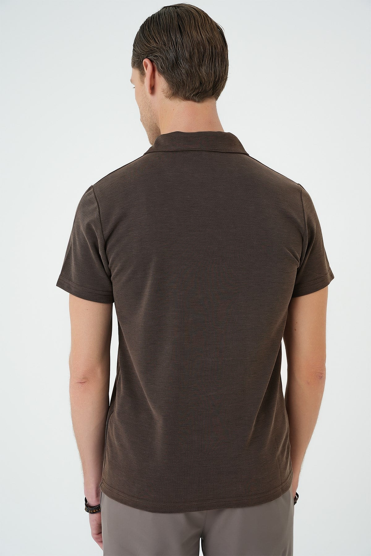 Slim Fit Düğmeli Pamuklu Koyu Vizon Polo Yaka Tişört Ts 879