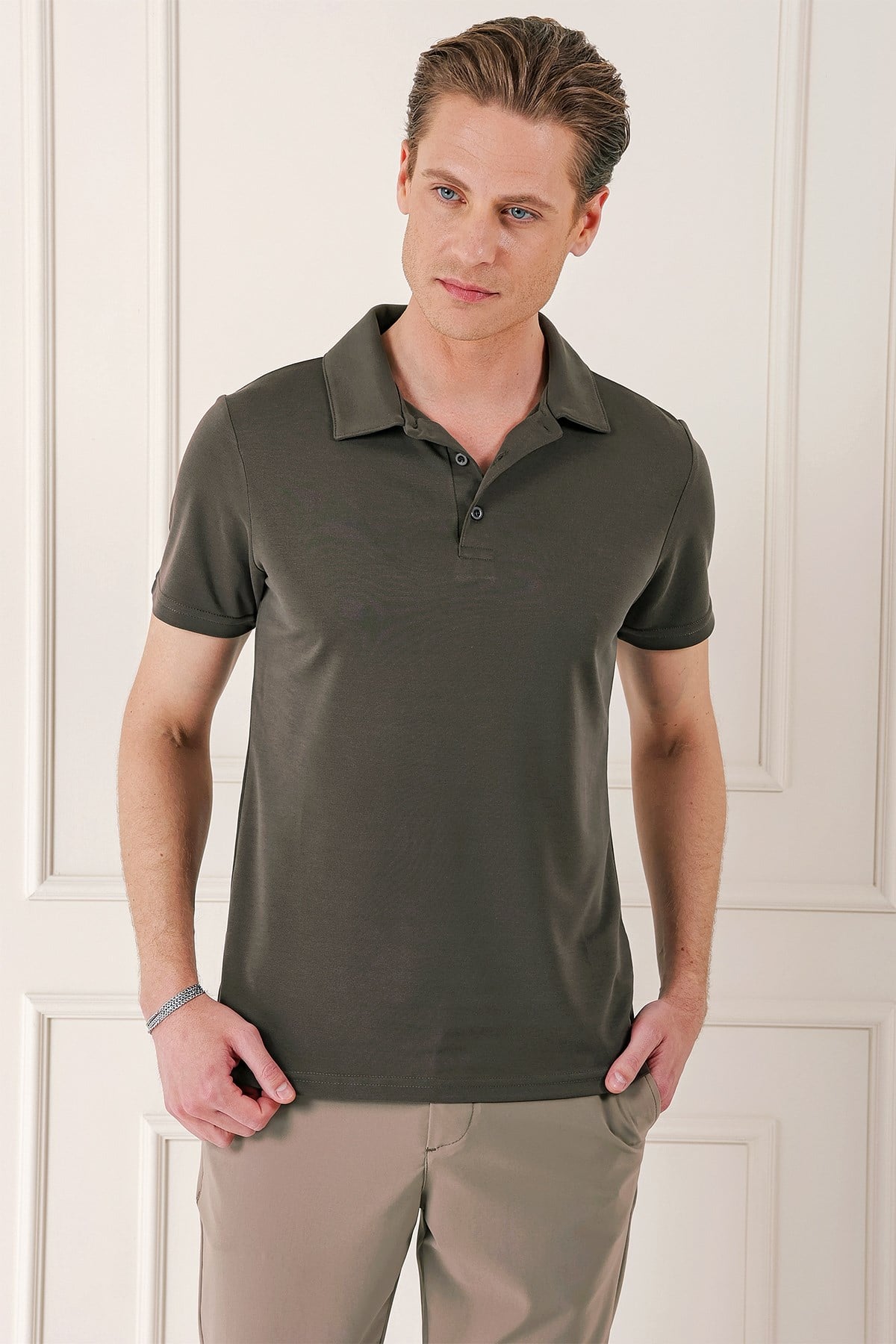 Slim Fit Düğmeli Pamuklu Vizon Polo Yaka Tişört Ts 879