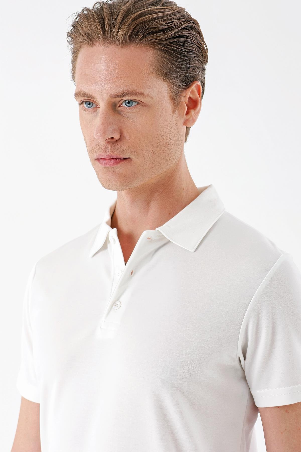 Slim Fit Düğmeli Polo Yaka Pamuklu Beyaz Tişört Ts 879