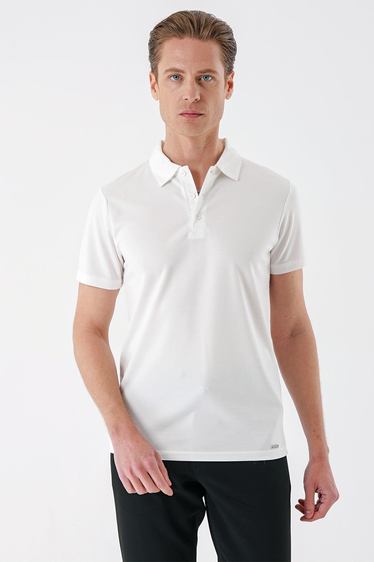 Slim Fit Düğmeli Polo Yaka Pamuklu Beyaz Tişört Ts 879