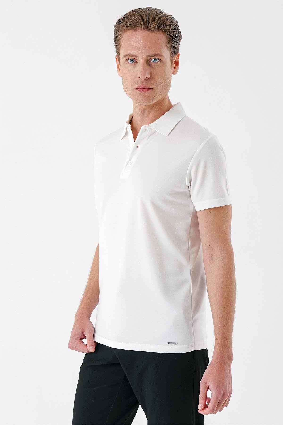 Slim Fit Düğmeli Polo Yaka Pamuklu Beyaz Tişört Ts 879