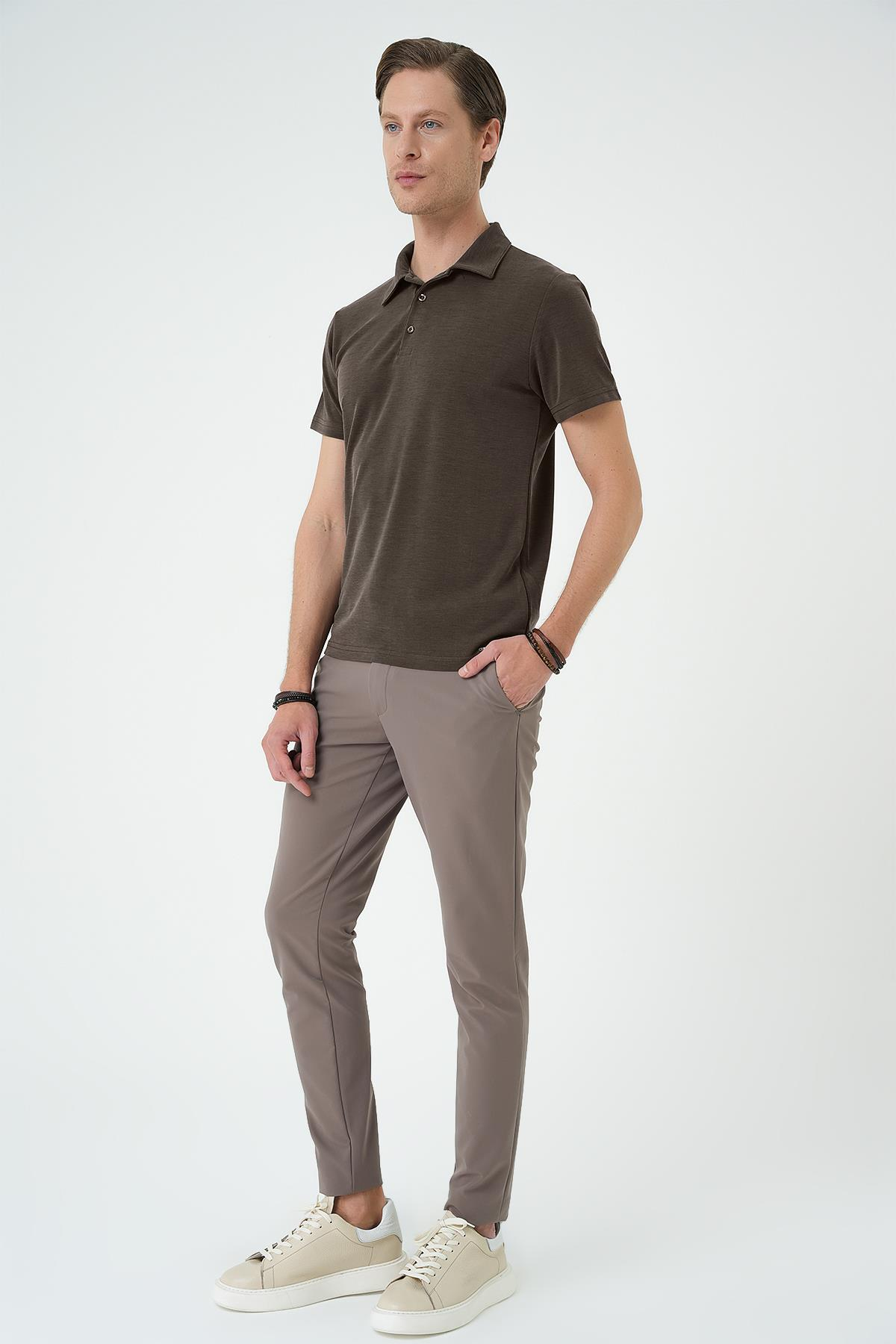 Slim Fit Düğmeli Polo Yaka Pamuklu Koyu Vizon Tişört Ts 879