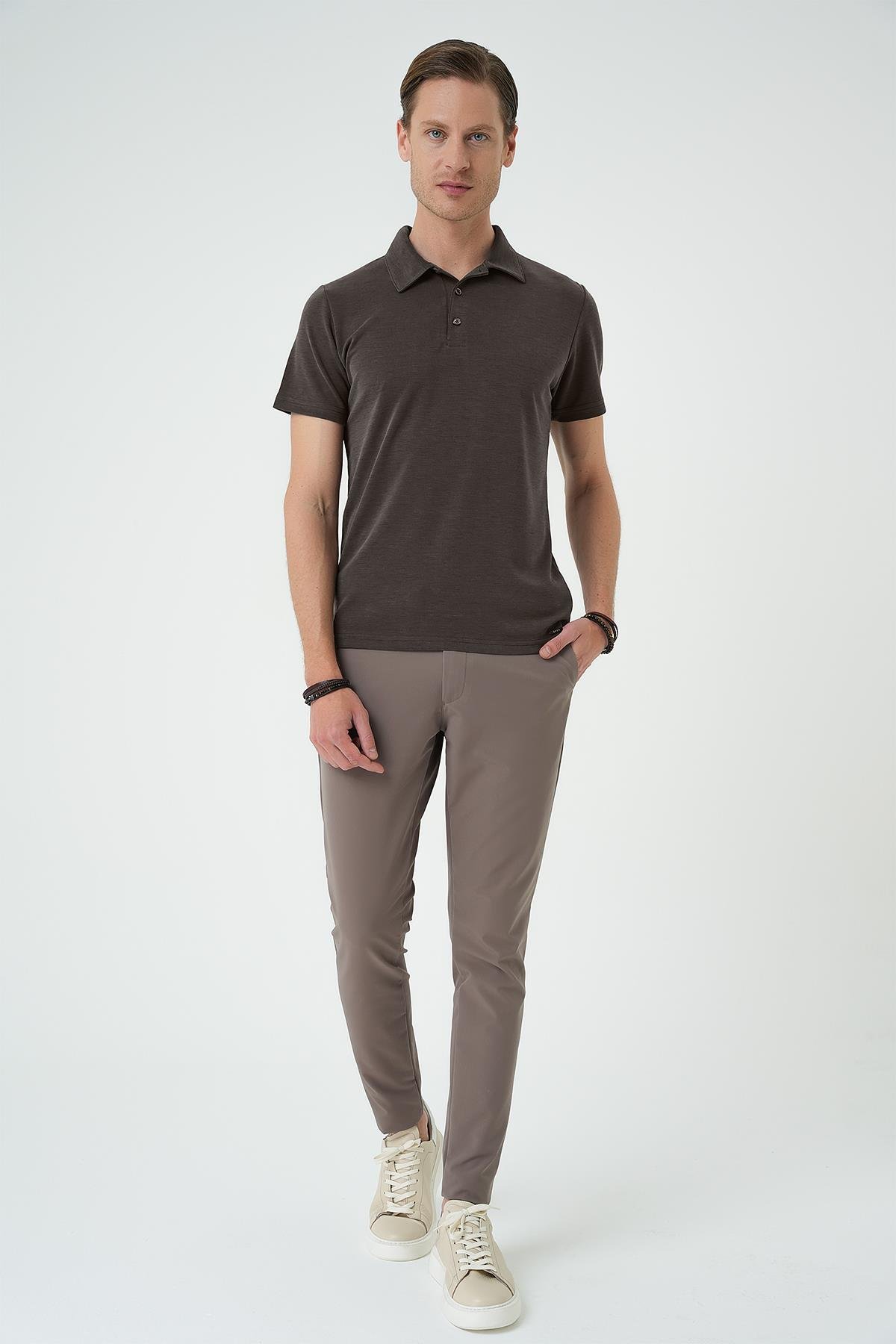 Slim Fit Düğmeli Polo Yaka Pamuklu Koyu Vizon Tişört Ts 879