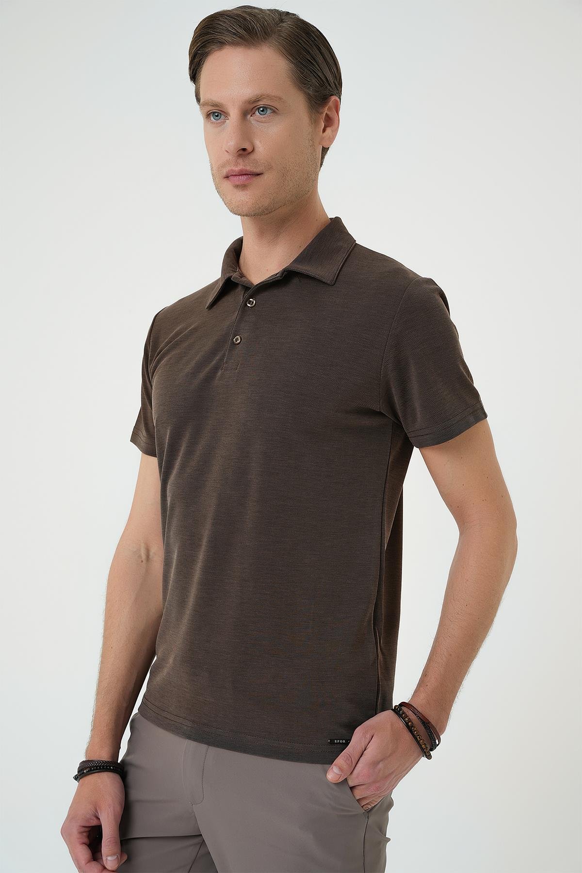 Slim Fit Düğmeli Polo Yaka Pamuklu Koyu Vizon Tişört Ts 879