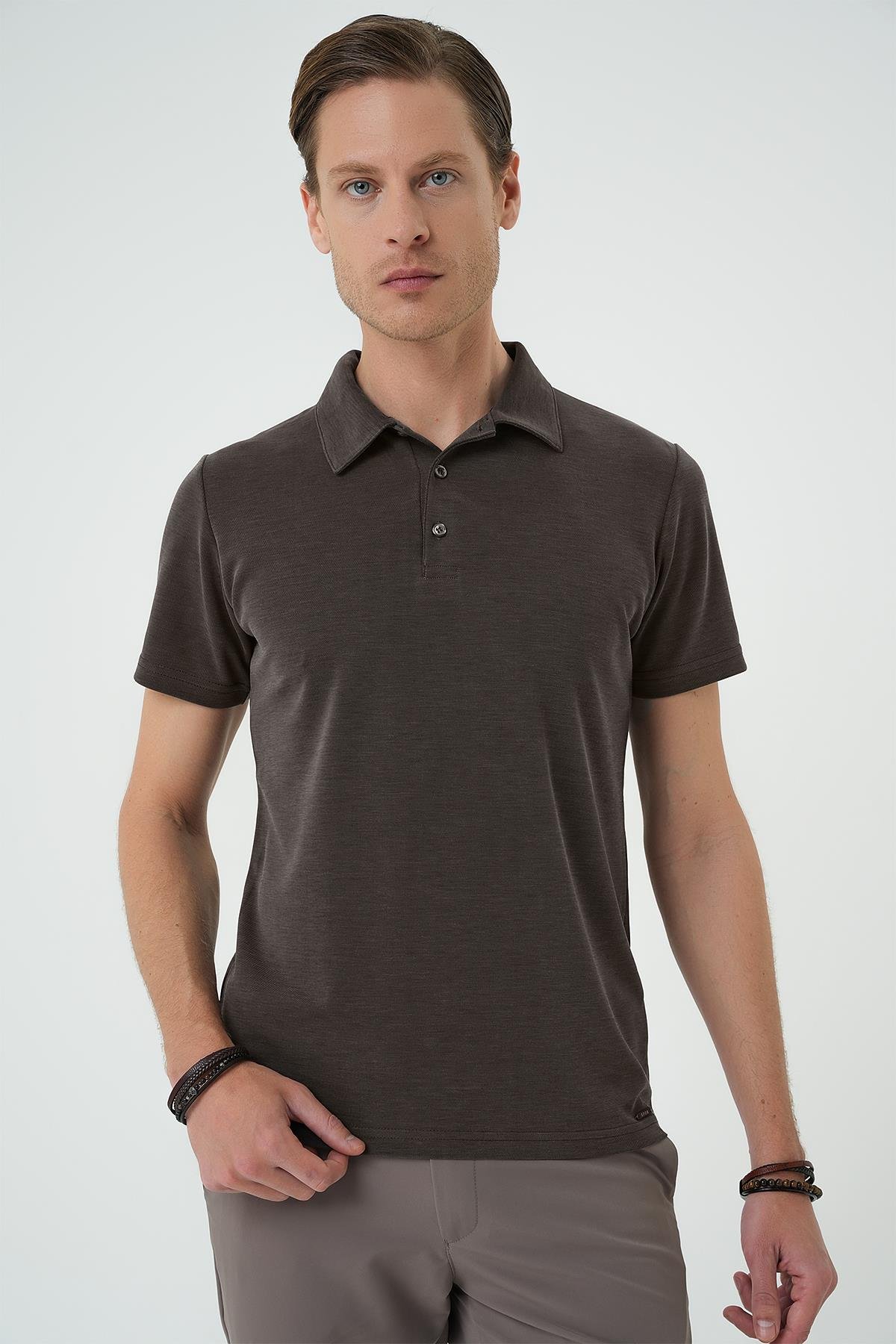 Slim Fit Düğmeli Polo Yaka Pamuklu Koyu Vizon Tişört Ts 879