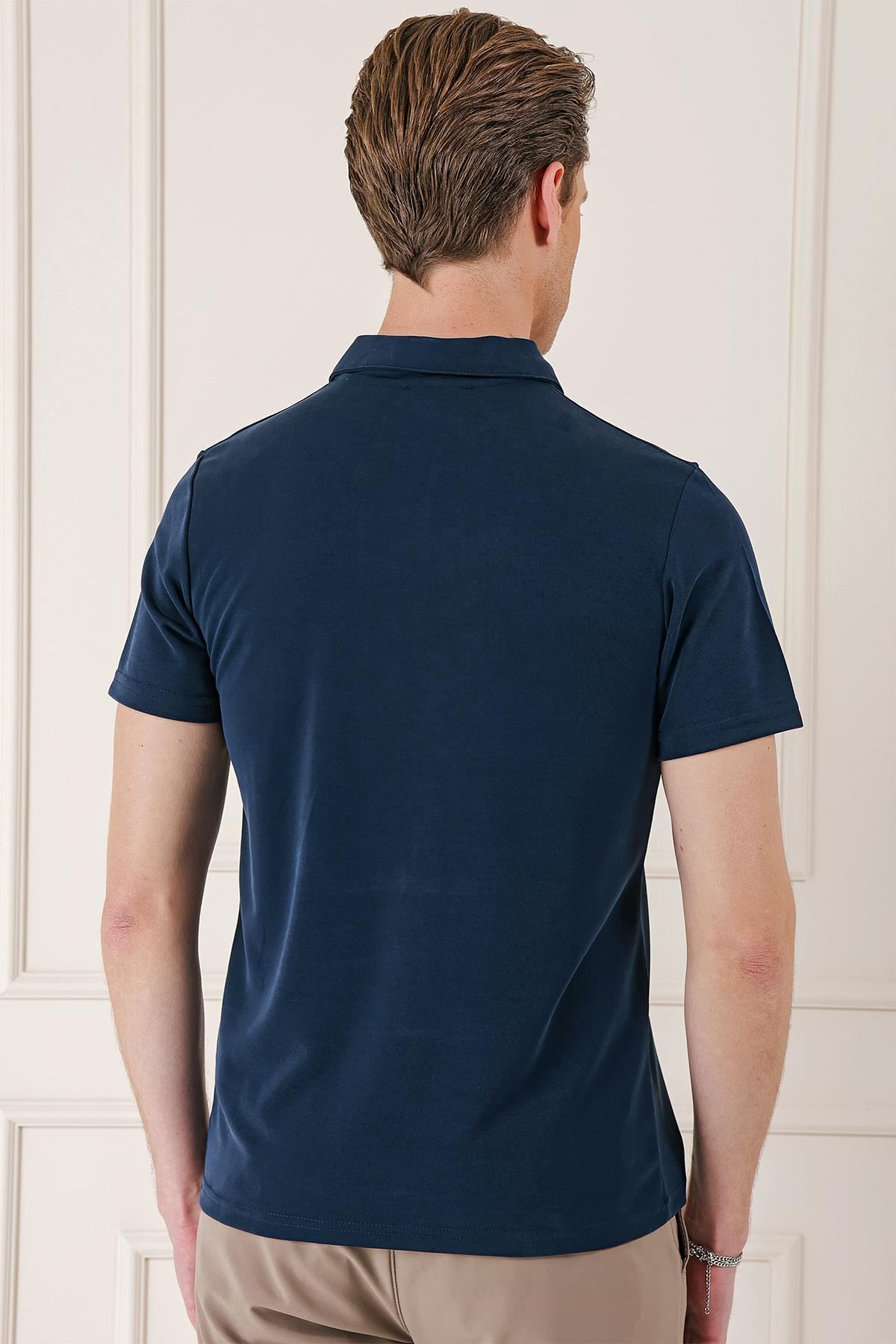 Slim Fit Düğmeli Polo Yaka Pamuklu Lacivert Tişört Ts 879