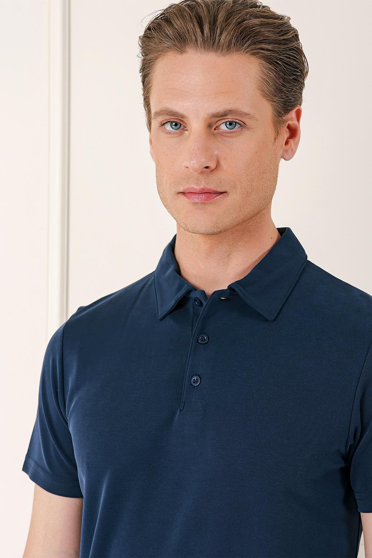 Slim Fit Düğmeli Polo Yaka Pamuklu Lacivert Tişört Ts 879