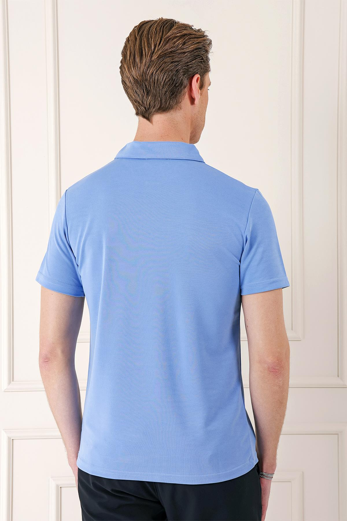 Slim Fit Düğmeli Polo Yaka Pamuklu Mavi Tişört Ts 879