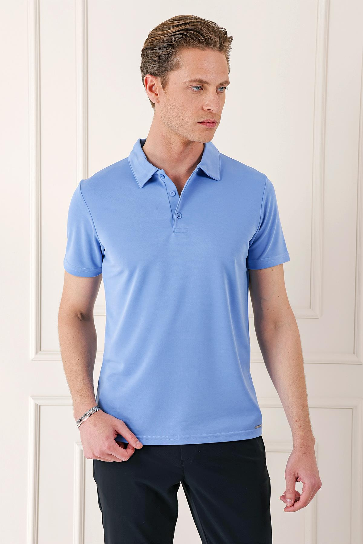 Slim Fit Düğmeli Polo Yaka Pamuklu Mavi Tişört Ts 879