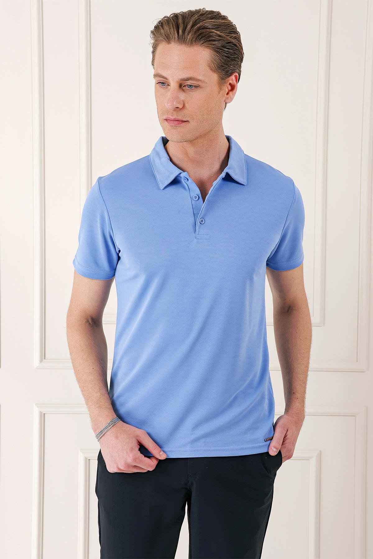 Slim Fit Düğmeli Polo Yaka Pamuklu Mavi Tişört Ts 879