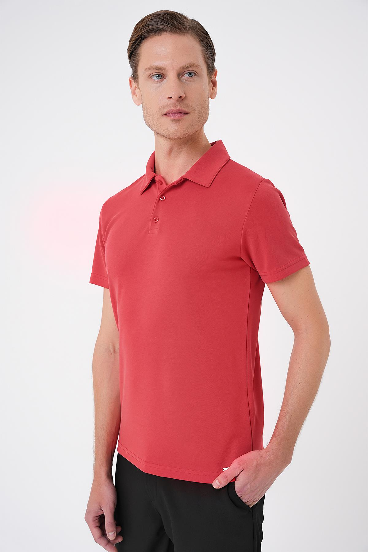 Slim Fit Düğmeli Polo Yaka Pamuklu Mercan Tişört Ts 879