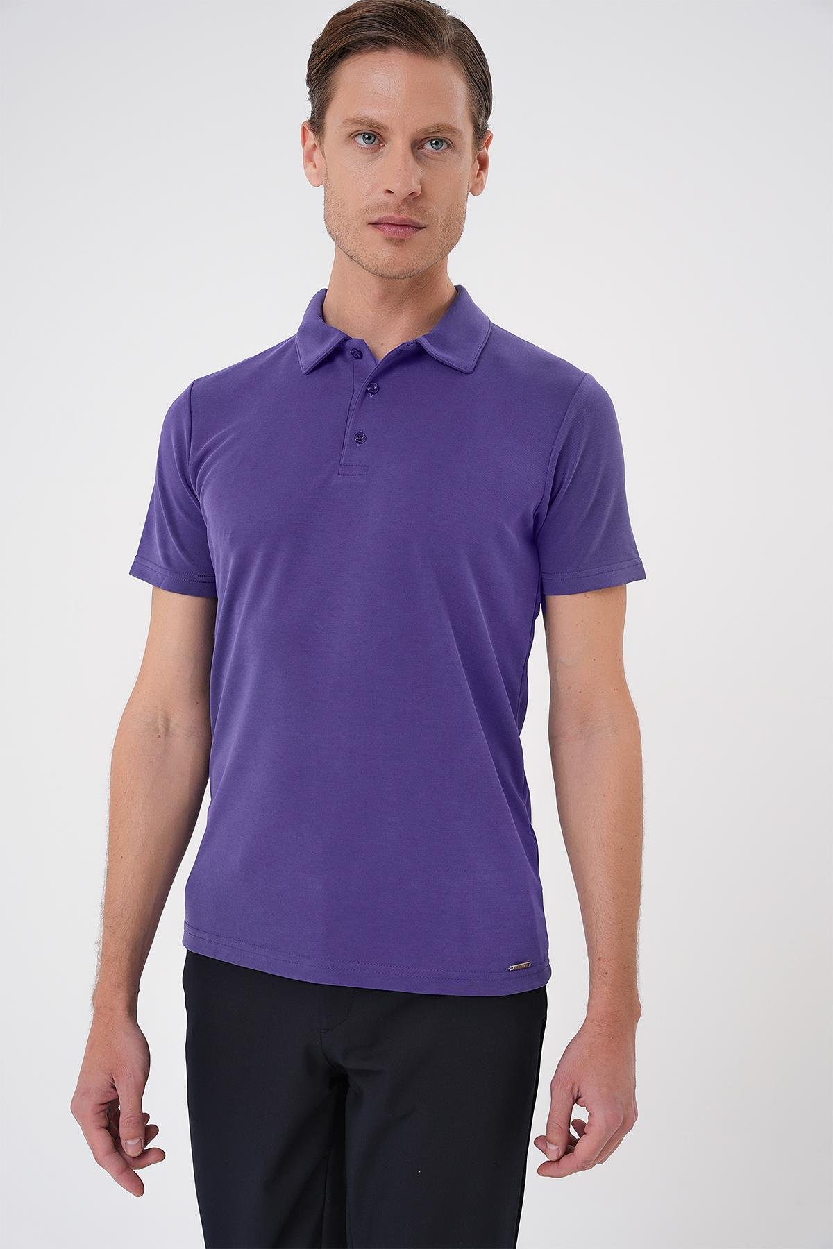 Slim Fit Düğmeli Polo Yaka Pamuklu Mor Tişört Ts 879