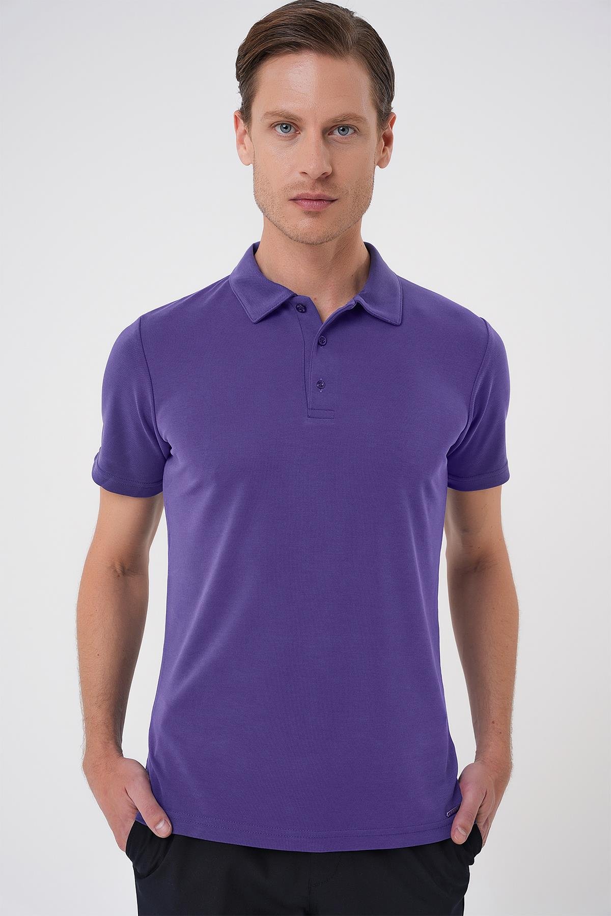 Slim Fit Düğmeli Polo Yaka Pamuklu Mor Tişört Ts 879