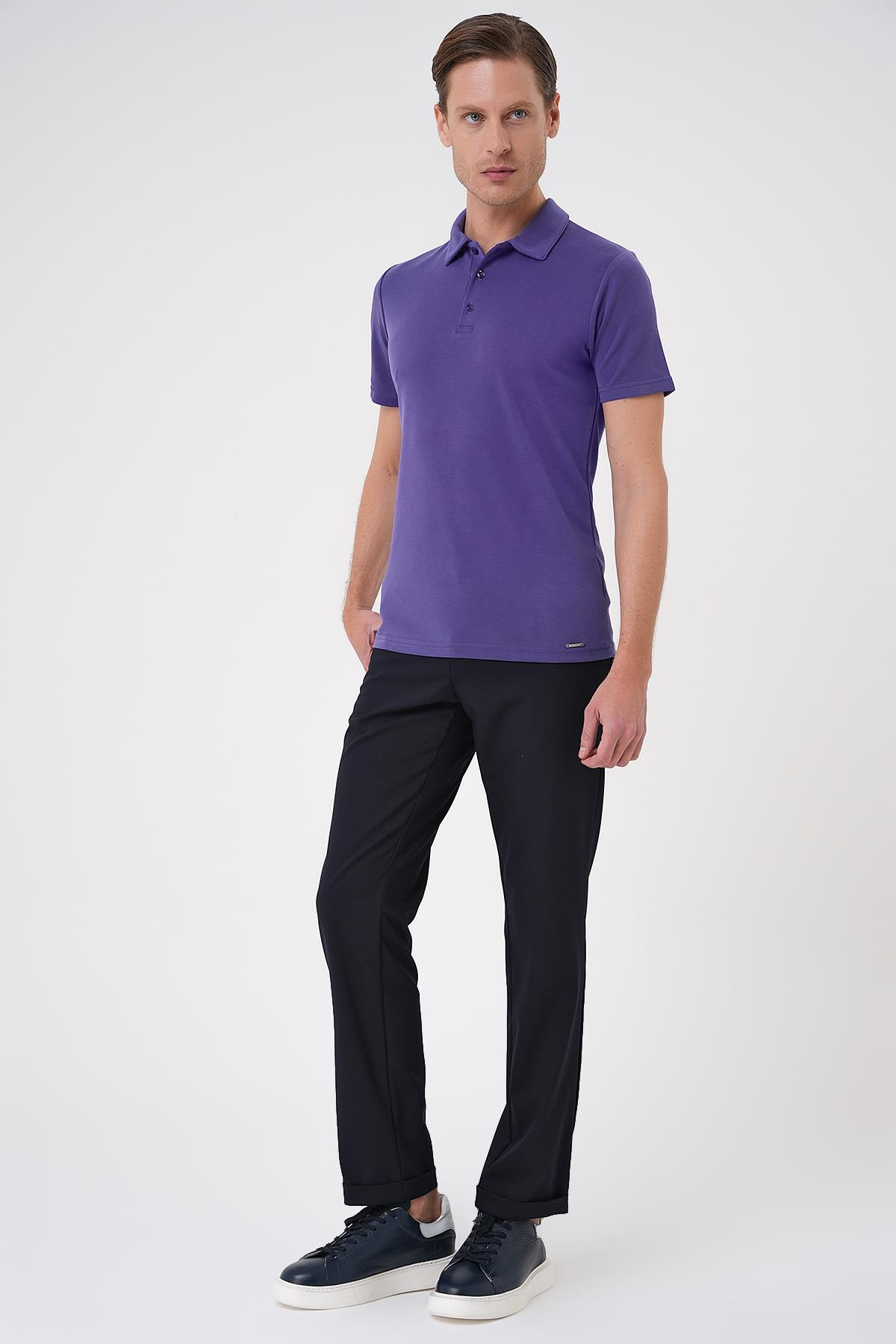 Slim Fit Düğmeli Polo Yaka Pamuklu Mor Tişört Ts 879
