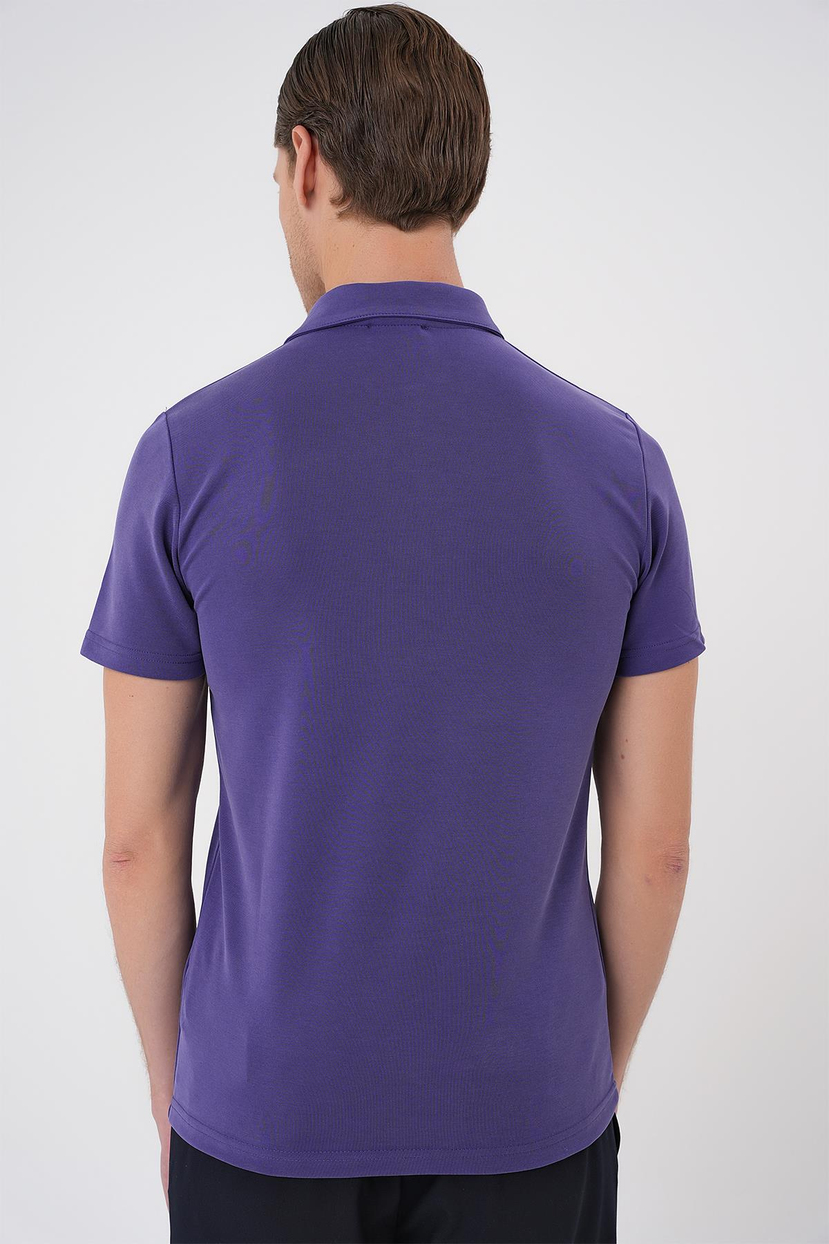 Slim Fit Düğmeli Polo Yaka Pamuklu Mor Tişört Ts 879