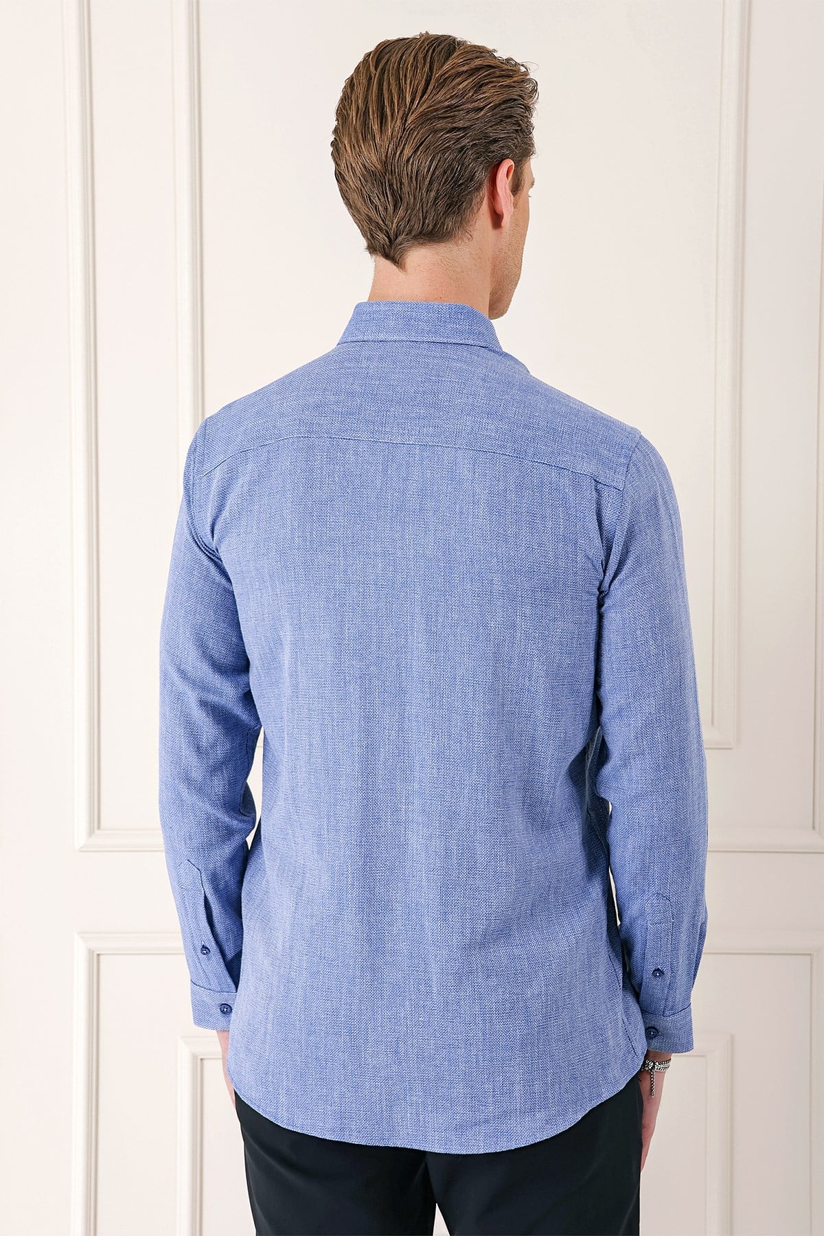 Slim Fit Düğmeli Yaka %100 Pamuk Koyu Mavi Gömlek Gk 723