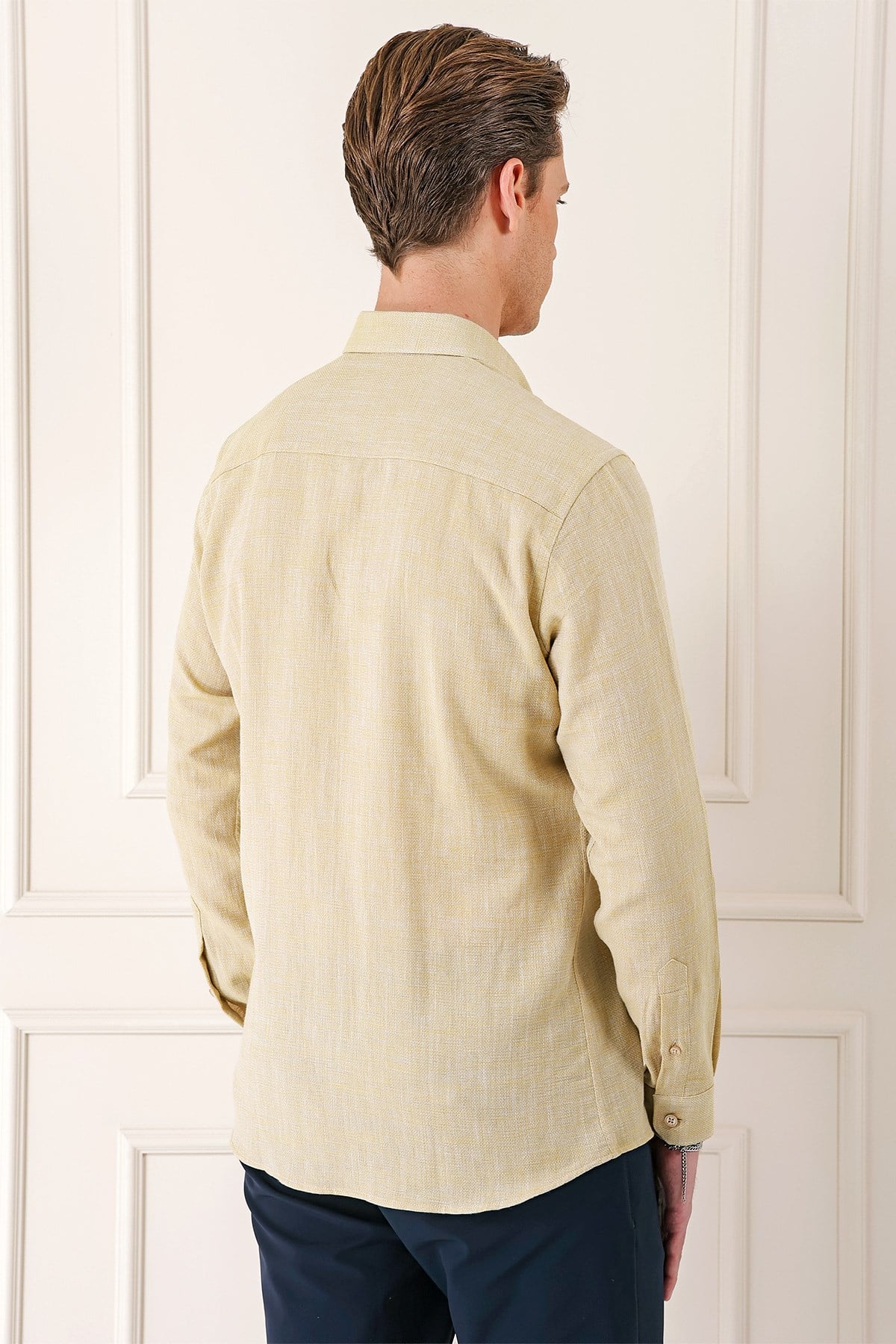 Slim Fit Düğmeli Yaka %100 Pamuk Limon Gömlek Gk 723