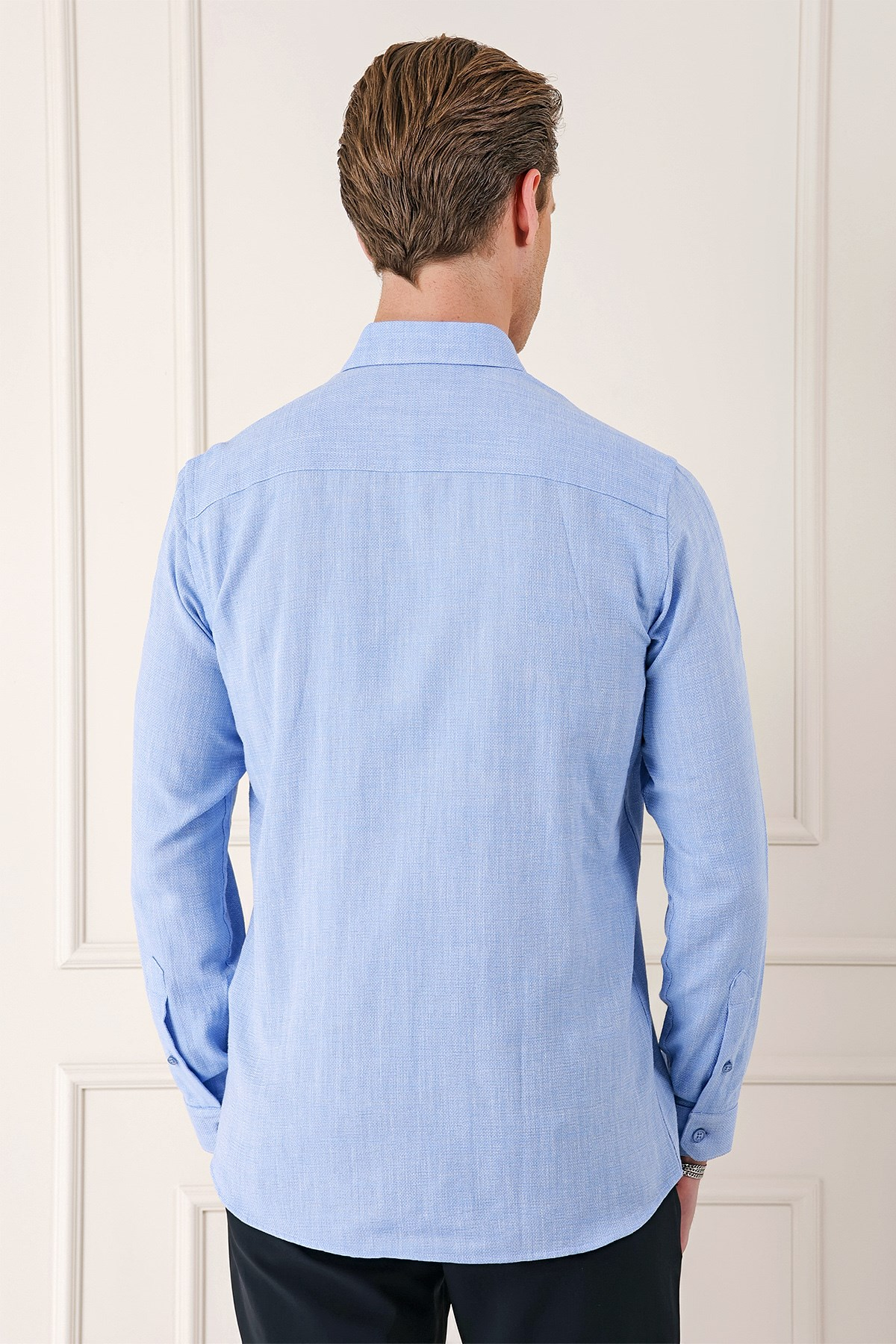 Slim Fit Düğmeli Yaka %100 Pamuk Mavi Gömlek Gk 723