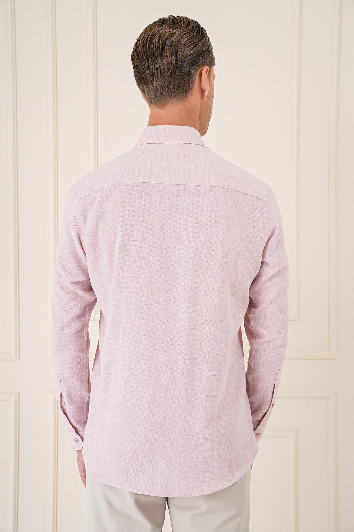 Slim Fit Düğmeli Yaka %100 Pamuk Pudra Gömlek Gk 723