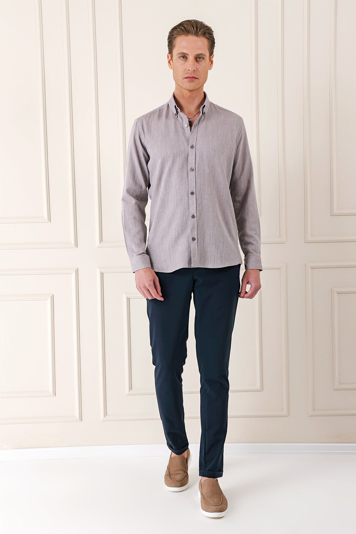 Slim Fit Düğmeli Yaka %100 Pamuk Vizon Gömlek Gk 723