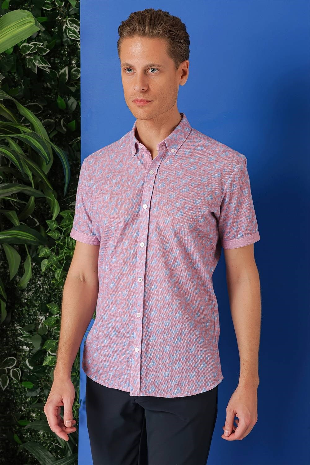 Slim Fit Düğmeli Yaka Desenli Kısa Kollu Pamuk Eflatun Gömlek G 1504